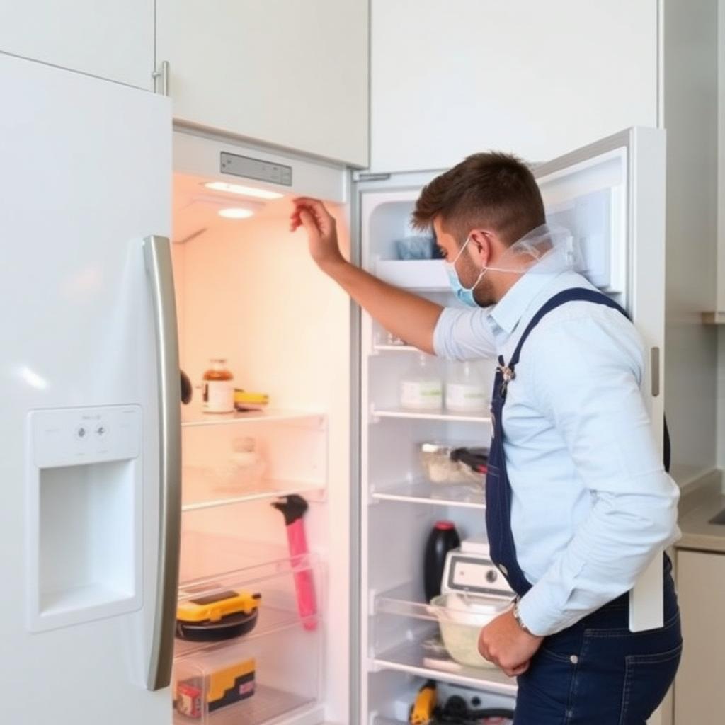 Técnico fazendo manutenção em geladeira residencial